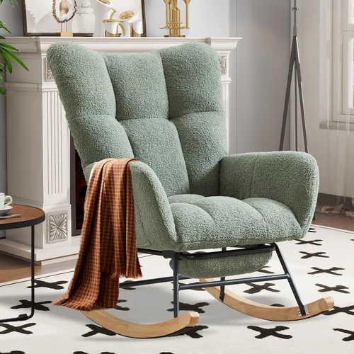 Vista 8 de Mecedora tapizada para cuarto de bebé, asiento acolchado con respaldo alto, patas de madera maciza para guardería, dormitorio, sala de estar