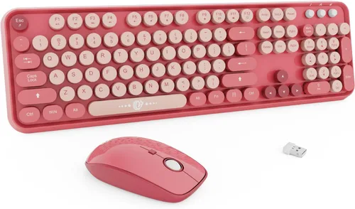 Vista 14 de Combo de teclado y mouse inalámbricos, 104 teclas redondas, lindo teclado y mouse inalámbricos coloridos con máquina de escribir retro, color negro