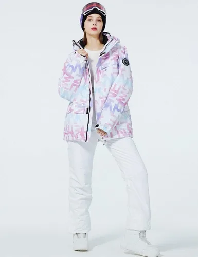 Vista 2 de Chaqueta y pantalones de esquí estampados coloridos de snowboard a prueba de viento para mujer de moda