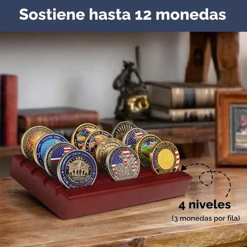 Vista 3 de ASmileIndeep Expositor de monedas de desafío militar pequeño de madera maciza, soporte para monedas con capacidad para 10-12 monedas, soporte