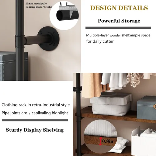 Vista 2 de HOMEKAYT Perchero Industrial de Tubería para Ropa, Perchero de Pared con Estantes, Estante Colgante de Ropa Multiusos de Servicio Pesado - 70.8''L