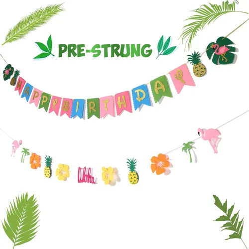 Vista 4 de Decoración de fiesta hawaiana Suministros de fiesta Luau Banner tropical hawaiano, guirnalda de flamencos para suministros de cumpleaños