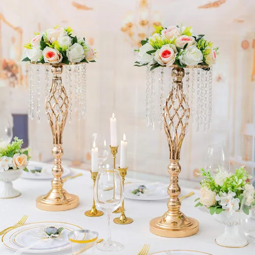 Vista 3 de Sziqiqi - Centro de mesa elevado floral dorado para mesa de boda de 21.7 pulgadas de altura con centros de mesa de flores de cristal y cuentas