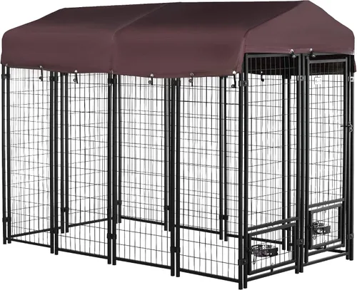 Vista 11 de PawHut Perrera para perros al aire libre de 10' x 10' x 6' con cuencos giratorios de 360°, plateado