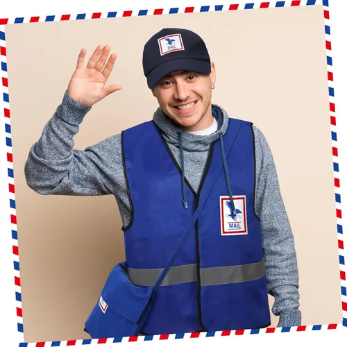 Vista 6 de Hicarer Disfraz de cartero para adultos, kit de portador de correo para adultos, disfraz de Halloween para adultos, juego de accesorios postales