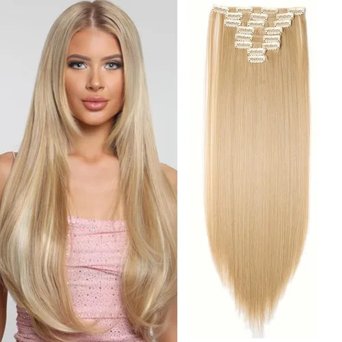 Vista 28 de S-noilite 8 piezas de extensiones de cabello largo con clip para mujer, extensiones de cabello sintético de doble trama, 18 pulgadas, #12H24 Honey