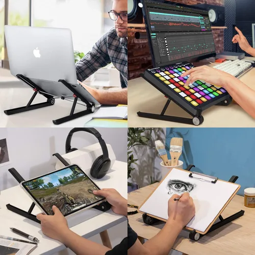 Vista 2 de Soporte portátil para laptop, elevador de monitor SAIJI , bloqueador de altura y ángulo ajustable, escritorio de pie plegable, soporte ligero
