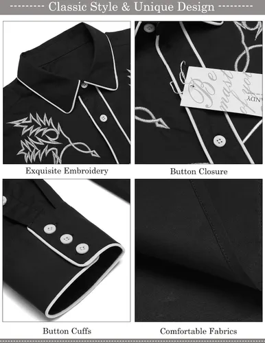 Vista 5 de COOFANDY Camisa vaquera occidental bordada de manga larga de algodón casual con botones para hombre