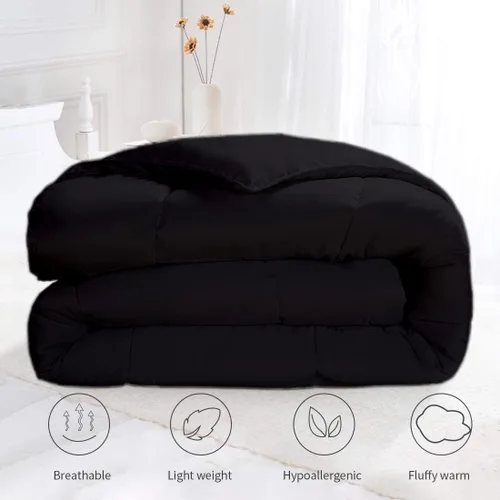 Vista 5 de Edredón de algodón alternativo hipoalergénico para todas las estaciones, ultra suave, relleno 750, tamaño individual XL, mide 68 x 92 pulgadas, Negro