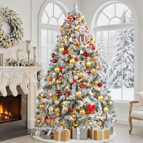 Vista 8 de Yaheetech Árbol de Navidad Artificial Nevado Preiluminado de 7.5 pies con 550 Luces Blancas Cálidas, 1284 Puntas de Ramas Frondosas y Diseño