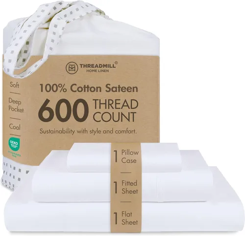 Vista 56 de Threadmill Sábanas de tamaño matrimonial, 100 % algodón puro de 600 hilos, 4 piezas, damasco, gris oscuro, calidad de hotel, sábanas de algodón