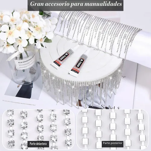 Vista 2 de ROADPLUM Flecos de diamantes de imitación con pegamento, borde de borla de diamantes de imitación, cadena de flecos de cristal de plata brillante