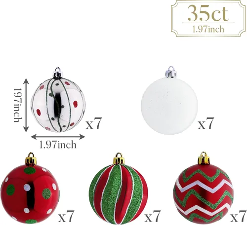 Vista 4 de Valery Madelyn - Adornos navideños para árbol de Navidad, 35 adornos pequeños inastillables de bola de Navidad en rojo, verde y blanco, 2 pulgadas