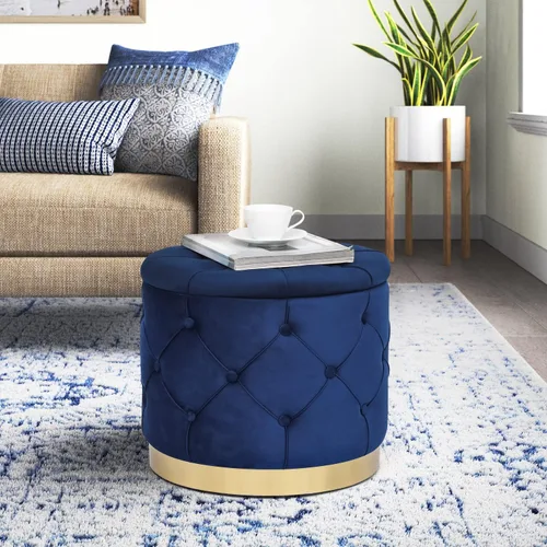 Vista 2 de Adeco Otomana redonda de almacenamiento, banco tapizado con botones de terciopelo con tapa extraíble, mesa auxiliar, reposapiés, asiento para sala