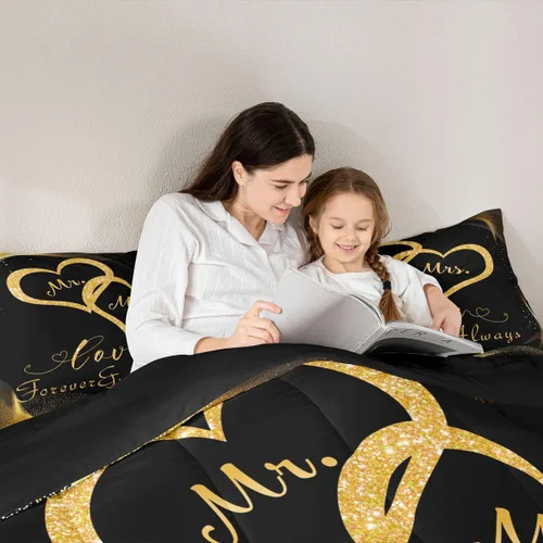 Vista 5 de Erosebridal Juego de edredón para parejas, juego de ropa de cama tamaño individual con lentejuelas doradas con purpurina dorada, edredón acolchado