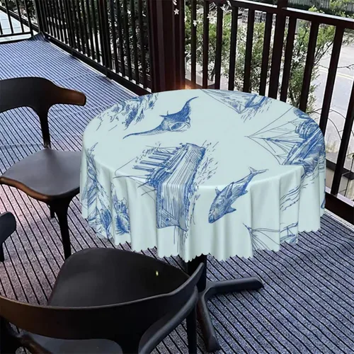 Vista 5 de Mantel redondo con patrón náutico, tela impermeable, reutilizable, lavable, a prueba de derrames, resistente a las arrugas, para cocina, boda