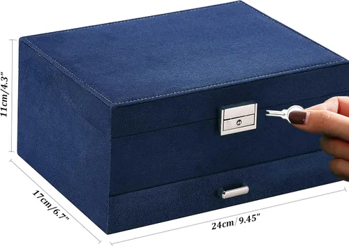 Vista 7 de Joyeros para mujer, organizador de joyas de terciopelo azul marino con cerradura, organizadores de joyas para adolescentes, organizador de joyas