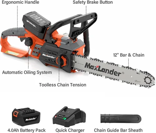 Vista 2 de Motosierra inalámbrica de 12 pulgadas operada por batería con batería y cargador de 1 x 4.0 Ah, motosierra eléctrica MAXLANDER de 20 V con tensión