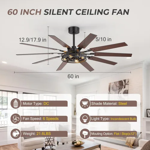 Vista 8 de Ventiladores de techo estilo granja de 60 pulgadas con luces rústicas, ventiladores de techo con jaula con control remoto, ventilador de techo
