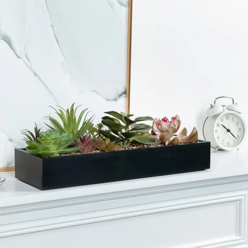 Vista 3 de MyGift Arreglo de suculentas artificiales surtidas en caja rectangular de madera negra, decoración de plantas falsas