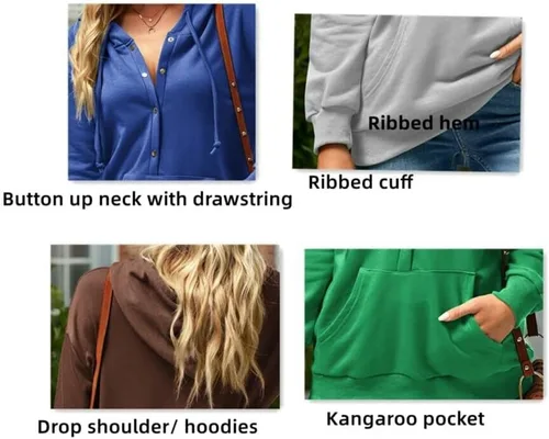 Vista 5 de Shaeueak Sudadera con capucha y botones para mujer, casual, manga larga, con cordón
