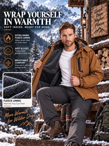 Vista 5 de ELLSWOS Chaqueta de esquí impermeable para hombre, abrigo de nieve de invierno, impermeable cálido con capucha, cortavientos Marrón