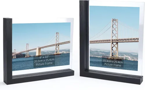 Vista 8 de Lavezee Paquete de 2 marcos de fotos de 4 x 6 pulgadas, hechos de base de madera negra en forma de L con vidrio, imágenes de fotos de doble cara