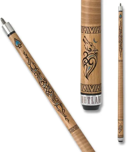 Vista 2 de OUTLAW OL33 Thunder - Taco de billar - Arce teñido marrón con diseño de lobo y toques de turquesa