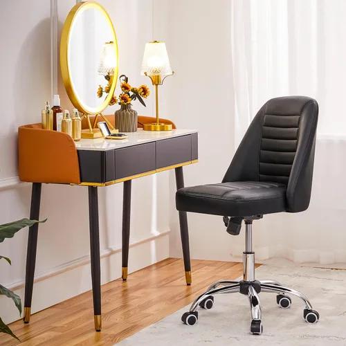 Vista 2 de Yaheetech - Silla de escritorio de piel sintética negra sin brazos, giratoria ajustable