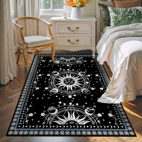 Vista 34 de Alfombra de Sol y Luna Boho Alfombras de Área Celestiales para Dormitorio Residencia Universitaria Sala de Estar Bohemia Oculta Creciente Solar