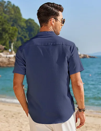 Vista 4 de COOFANDY Men's Short Sleeve Linen Shirt Band Collar Button Down Shirts Summer Beach Shirt