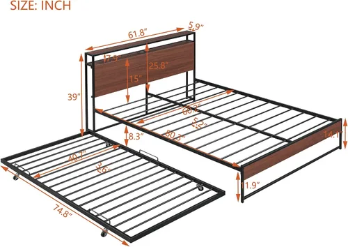Vista 2 de Harper & Bright Designs Cama de plataforma Queen con nido y puertos USB, marco de cama Queen de metal con cabecera de almacenamiento y soporte