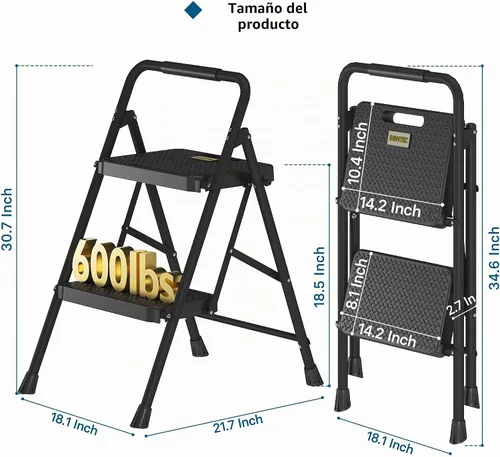 Vista 7 de BONTEC Escalera de 2 escalones, taburete plegable, capacidad de carga Negro