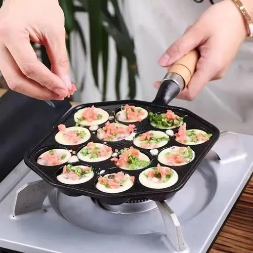 Vista 6 de HERCHR Takoyaki - Plato para parrilla, 14 agujeros, sartén Takoyaki, antiadherente, de hierro fundido, para hacer moldes con mango desmontable