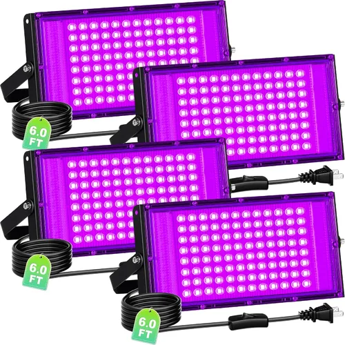 Vista 9 de Luz LED Negra de 100W IP66 Impermeable, Reflector de Luz Negra para Exteriores con Enchufe+Interruptor+Cable, para Halloween, Neón que Brilla