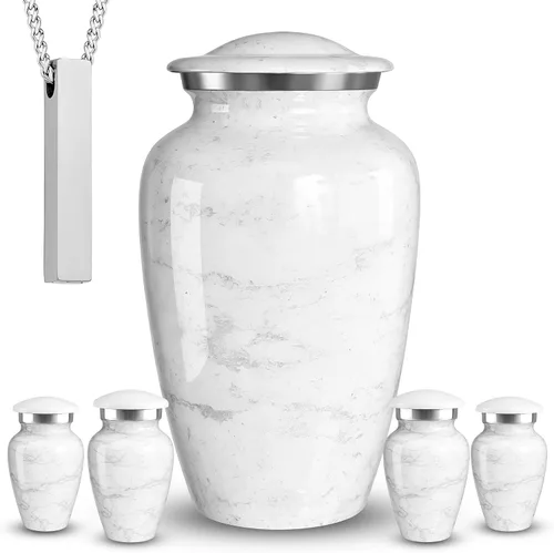 Vista 7 de Set of 6 Cremation Urns for Human Ashes Includes 1 Large Urn with 4 Small Keepsakes & 1 Silver Necklace - Black Marble