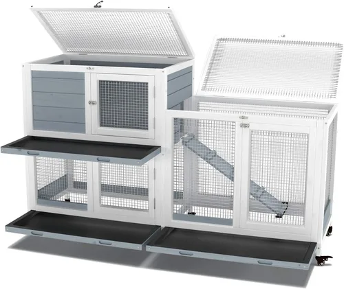 Vista 4 de GDLF - Conejera de 58 pulgadas, jaula de conejito interior con ruedas y bandeja de limpieza 58"L x 17.8"W x 34.6"H, 2-Level Design with Wheels