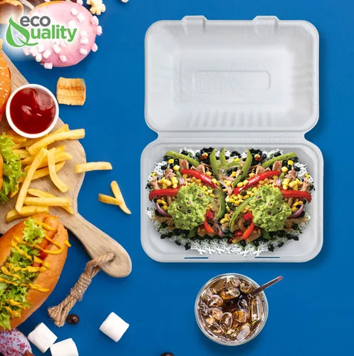 Vista 8 de Recipientes de alimentos rectangulares compostables con bisagras para llevar 9x6x3,Contenedores desechables para llevar, contenedores desechables