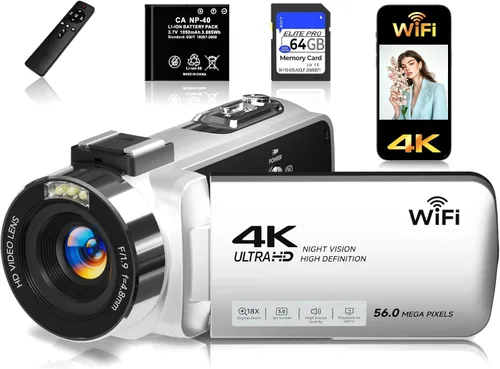 Vista 9 de Videocámara de video 4K con tarjeta SD de 64 GB, cámara WiFi de 56 MP para YouTube, visión nocturna IR, pantalla táctil de 3.0 pulgadas, zoom