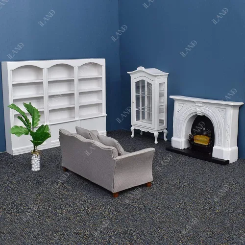 Vista 2 de iLAND Muebles de casa de muñecas en miniatura con sofá de casa de muñecas, gabinete de libros, vitrina, chimenea iluminada, planta para casa