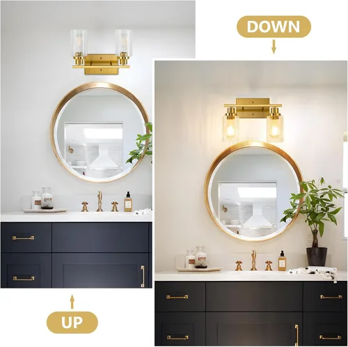 Vista 2 de Jonsi Accesorios de iluminación de baño dorados, 2 luces de tocador de oro cepillado con pantalla de vidrio estriada, luces modernas sobre espejo