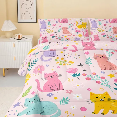 Vista 4 de QOOMO Edredón floral de gato tamaño Twin, juego de ropa de cama de gato rosa para niños, adolescentes y niñas, juego de ropa de cama de 3 piezas