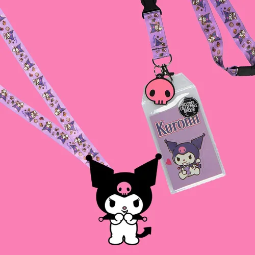 Vista 6 de Sanrio Kuromi Soporte para tarjetas de identificación con cordón con colgante de goma y calcomanía coleccionable
