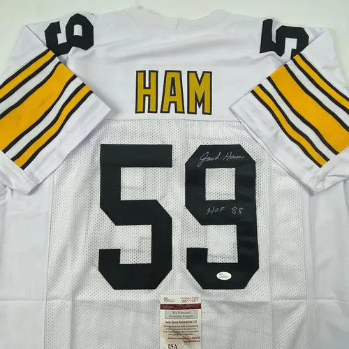 Vista 2 de Camiseta de fútbol blanca de los Pittsburgh 88 firmada por Jack Ham HOF con COA JSA