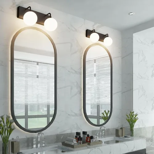 Vista 4 de Tipace Lámpara de tocador negra, 2 luces modernas sobre espejo con globo blanco leche blanca para baño (excluye bombilla)