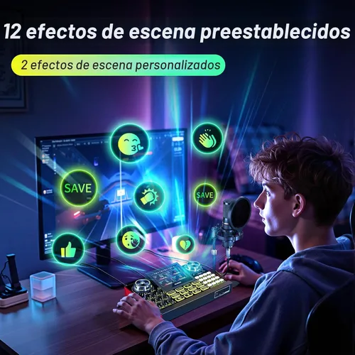 Vista 8 de TENLAMP Paquete de mezclador de audio G9 con micrófono para streaming y Transmisión fácil con reducción de ruido, efectos de voz, sintonización Azul