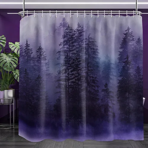 Vista 20 de Cortina de ducha estrecha para hombre, diseño de bosque negro y gris, para casa rodante, juego de decoración de baño, tela impermeable con ganchos