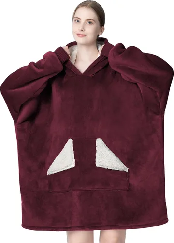 Vista 19 de Touchat - Manta con capucha portátil, sudadera con capucha de forro polar sherpa de gran tamaño con bolsillo gigante y mangas para adulto, regalo
