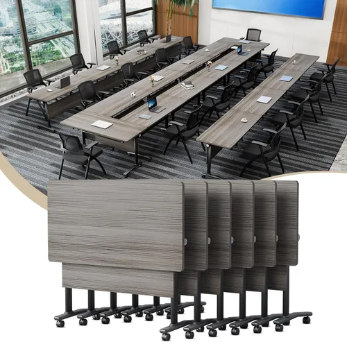 Vista 27 de Mesa de conferencias plegable con ruedas, mesa modular para sala de conferencias con 2 ojales para cables, mesas móviles de sala de reuniones