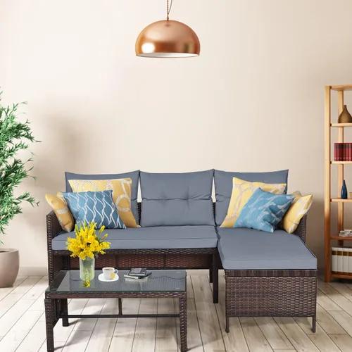 Vista 10 de RELAX4LIFE Juego de muebles de patio de 3 piezas, juego de sofá seccional de mimbre para exteriores con cojín lavable, mesa de centro de vidrio